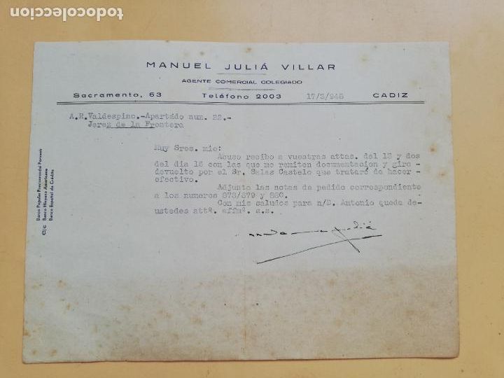 Cartas comerciais: CARTA COMERCIAL. ACUSE DE RECIBO. MANUEL JULIA VILLAR. AGENTE COMERCIAL COLEGIADO. CADIZ. 1948.