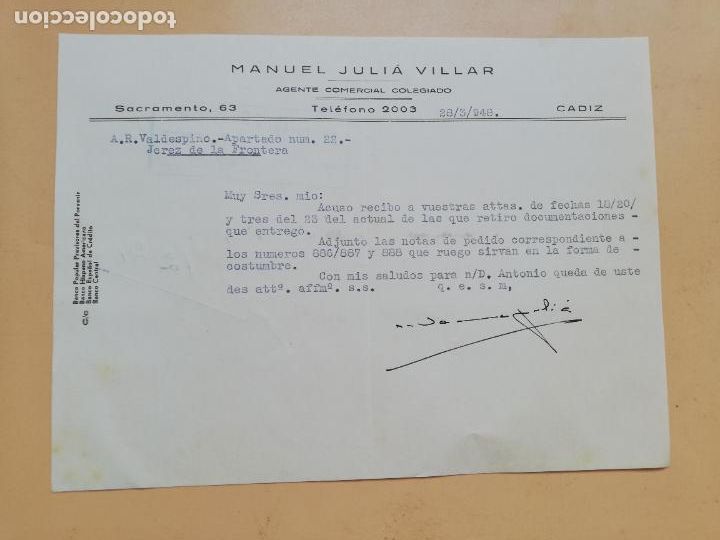 Cartas comerciais: CARTA COMERCIAL. ACUSE DE RECIBO. MANUEL JULIA VILLAR. AGENTE COMERCIAL COLEGIADO. CADIZ. 1948.