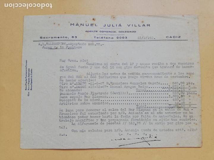 Cartas comerciais: CARTA COMERCIAL. ACUSE DE RECIBO. MANUEL JULIA VILLAR. AGENTE COMERCIAL COLEGIADO. CADIZ. 1948.