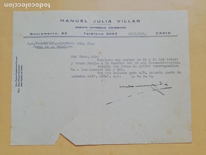 Cartas comerciais: CARTA COMERCIAL. ACUSE DE RECIBO. MANUEL JULIA VILLAR. AGENTE COMERCIAL COLEGIADO. CADIZ. 1948.