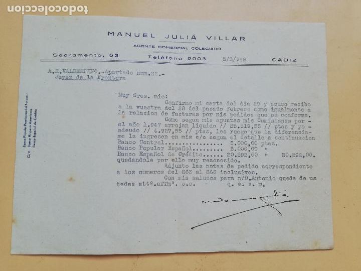 Cartas comerciais: CARTA COMERCIAL. ACUSE DE RECIBO. MANUEL JULIA VILLAR. AGENTE COMERCIAL COLEGIADO. CADIZ. 1948.