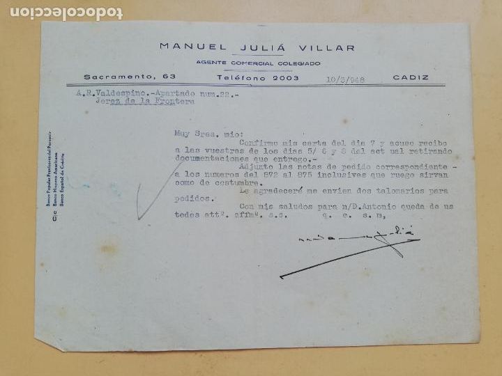 Cartas comerciais: CARTA COMERCIAL. ACUSE DE RECIBO. MANUEL JULIA VILLAR. AGENTE COMERCIAL COLEGIADO. CADIZ. 1948.