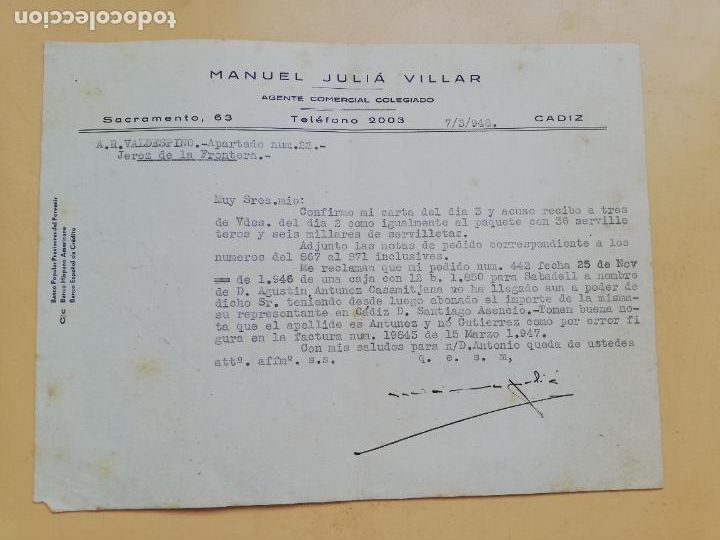 Cartas comerciais: CARTA COMERCIAL. ACUSE DE RECIBO. MANUEL JULIA VILLAR. AGENTE COMERCIAL COLEGIADO. CADIZ. 1948.