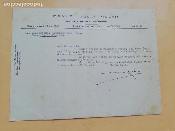 Cartas comerciais: CARTA COMERCIAL. ACUSE DE RECIBO. MANUEL JULIA VILLAR. AGENTE COMERCIAL COLEGIADO. CADIZ. 1948.