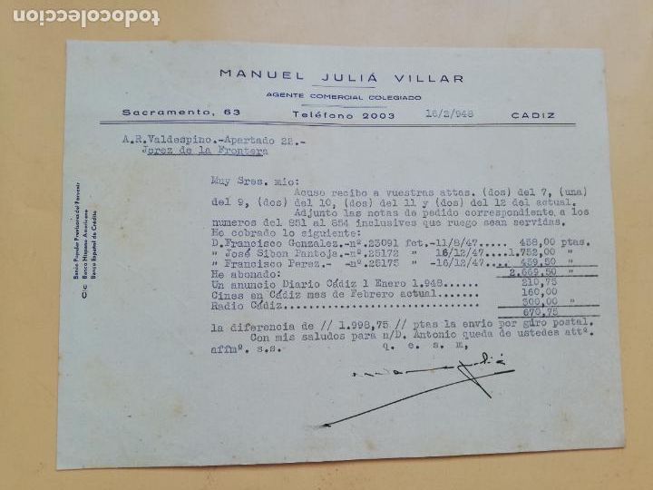 Cartas comerciais: CARTA COMERCIAL. ACUSE DE RECIBO. MANUEL JULIA VILLAR. AGENTE COMERCIAL COLEGIADO. CADIZ. 1948.