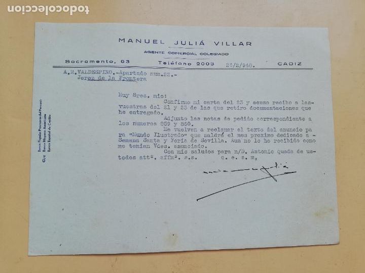 Cartas comerciais: CARTA COMERCIAL. ACUSE DE RECIBO. MANUEL JULIA VILLAR. AGENTE COMERCIAL COLEGIADO. CADIZ. 1948.