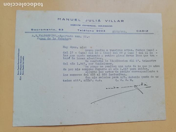Cartas comerciais: CARTA COMERCIAL. ACUSE DE RECIBO. MANUEL JULIA VILLAR. AGENTE COMERCIAL COLEGIADO. CADIZ. 1948.