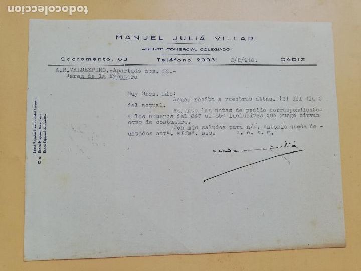 Cartas comerciais: CARTA COMERCIAL. ACUSE DE RECIBO. MANUEL JULIA VILLAR. AGENTE COMERCIAL COLEGIADO. CADIZ. 1948.