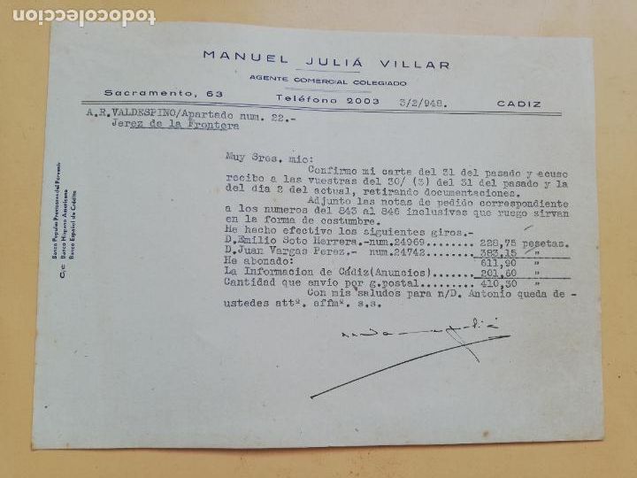 Cartas comerciais: CARTA COMERCIAL. ACUSE DE RECIBO. MANUEL JULIA VILLAR. AGENTE COMERCIAL COLEGIADO. CADIZ. 1948.
