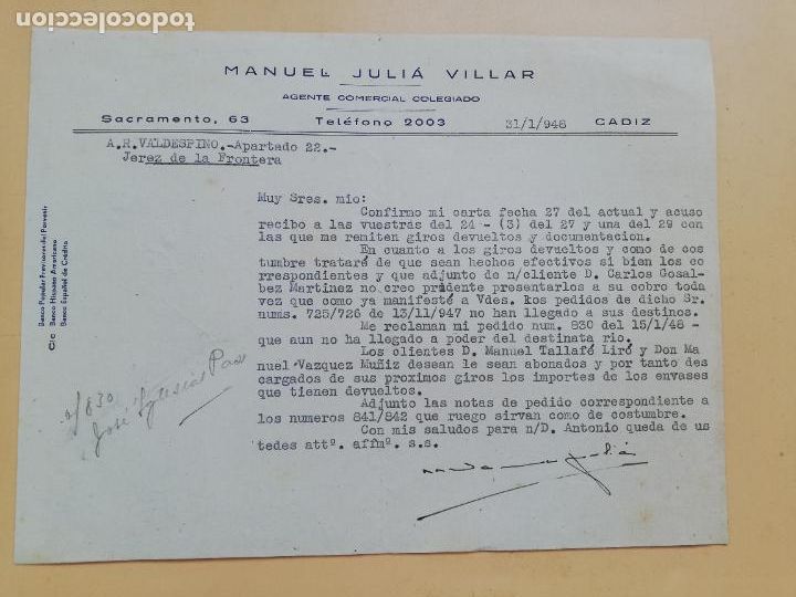 Cartas comerciais: CARTA COMERCIAL. ACUSE DE RECIBO. MANUEL JULIA VILLAR. AGENTE COMERCIAL COLEGIADO. CADIZ. 1948.
