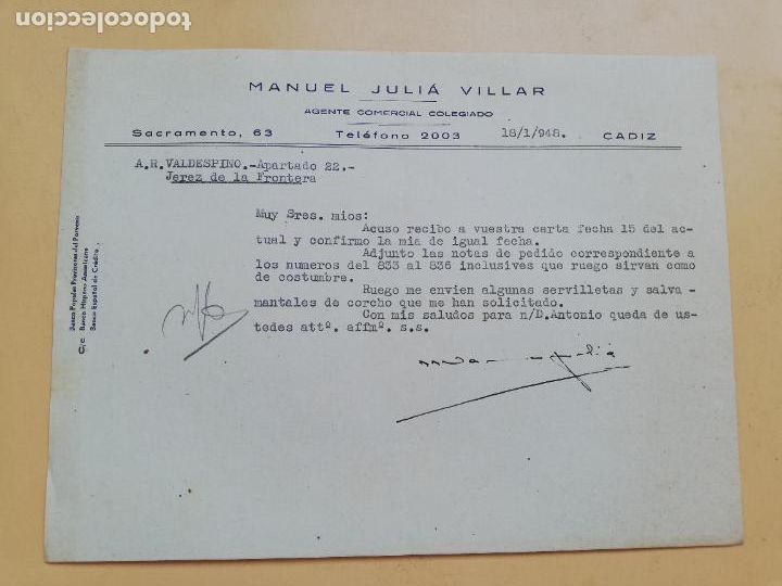 Cartas comerciais: CARTA COMERCIAL. ACUSE DE RECIBO. MANUEL JULIA VILLAR. AGENTE COMERCIAL COLEGIADO. CADIZ. 1948.