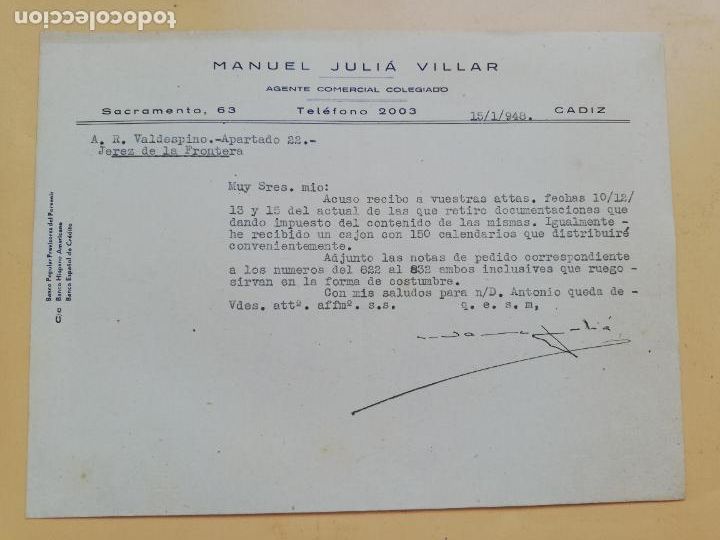 Cartas comerciais: CARTA COMERCIAL. ACUSE DE RECIBO. MANUEL JULIA VILLAR. AGENTE COMERCIAL COLEGIADO. CADIZ. 1948.