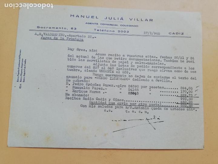Cartas comerciais: CARTA COMERCIAL. ACUSE DE RECIBO. MANUEL JULIA VILLAR. AGENTE COMERCIAL COLEGIADO. CADIZ. 1948.