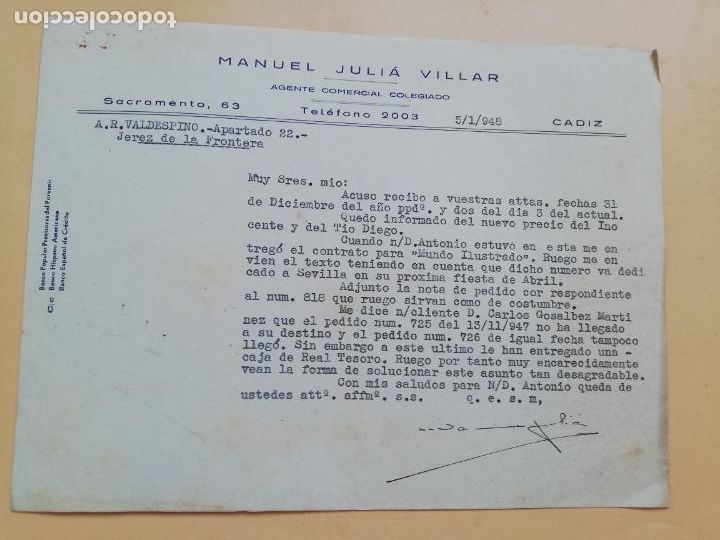Cartas comerciais: CARTA COMERCIAL. ACUSE DE RECIBO. MANUEL JULIA VILLAR. AGENTE COMERCIAL COLEGIADO. CADIZ. 1948.