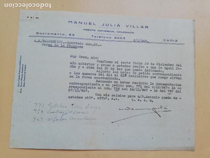 Cartas comerciais: CARTA COMERCIAL. ACUSE DE RECIBO. MANUEL JULIA VILLAR. AGENTE COMERCIAL COLEGIADO. CADIZ. 1948.