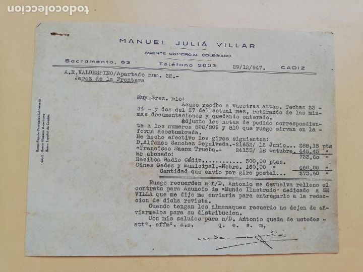 Cartas comerciais: CARTA COMERCIAL. ACUSE DE RECIBO. MANUEL JULIA VILLAR. AGENTE COMERCIAL COLEGIADO. CADIZ. 1948.