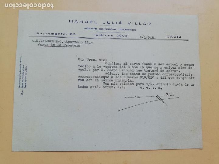 Cartas comerciais: CARTA COMERCIAL. ACUSE DE RECIBO. MANUEL JULIA VILLAR. AGENTE COMERCIAL COLEGIADO. CADIZ. 1948.