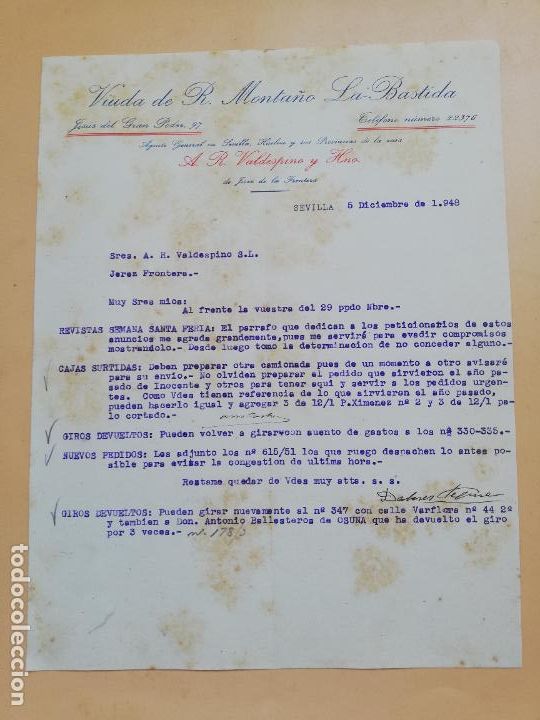 Cartas comerciais: CARTA COMERCIAL. VIUDA DE R. MONTA&Ntilde;O, LA BASTIDA. SEVILLA, 1948.