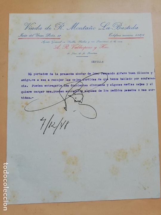 Cartas comerciais: CARTA COMERCIAL. VIUDA DE R. MONTA&Ntilde;O, LA BASTIDA. SEVILLA, 1948.