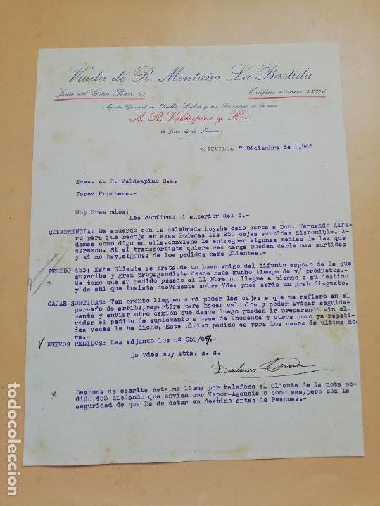 Cartas comerciais: CARTA COMERCIAL. VIUDA DE R. MONTA&Ntilde;O, LA BASTIDA. SEVILLA, 1948.