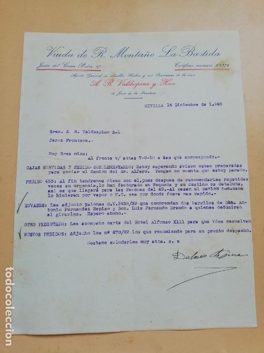 Cartas comerciais: CARTA COMERCIAL. VIUDA DE R. MONTA&Ntilde;O, LA BASTIDA. SEVILLA, 1948.