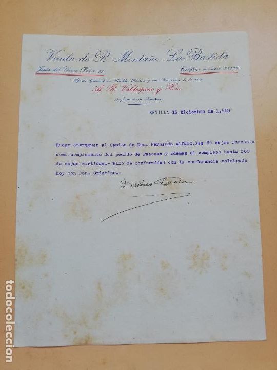 Cartas comerciais: CARTA COMERCIAL. VIUDA DE R. MONTA&Ntilde;O, LA BASTIDA. SEVILLA, 1948.