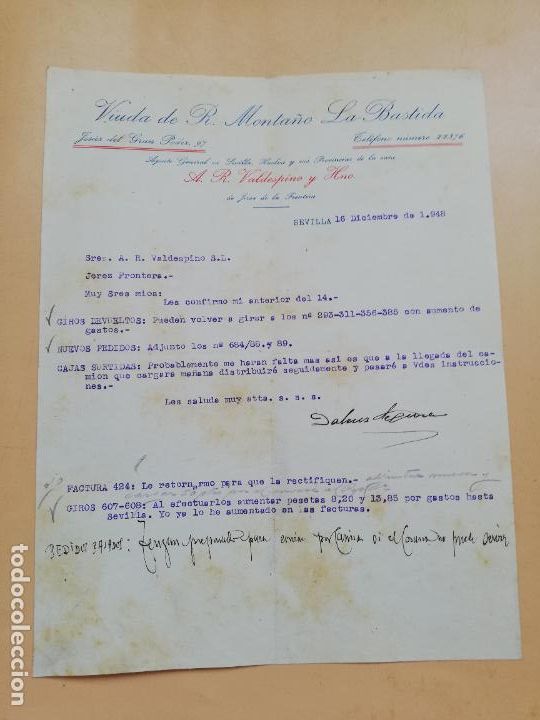 Cartas comerciais: CARTA COMERCIAL. VIUDA DE R. MONTA&Ntilde;O, LA BASTIDA. SEVILLA, 1948.
