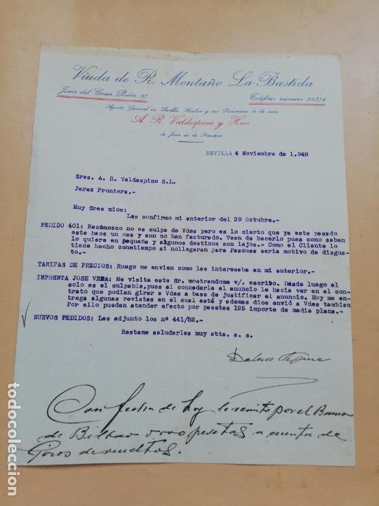 Cartas comerciais: CARTA COMERCIAL. VIUDA DE R. MONTA&Ntilde;O, LA BASTIDA. SEVILLA, 1948.
