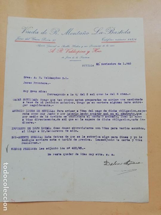 Cartas comerciais: CARTA COMERCIAL. VIUDA DE R. MONTA&Ntilde;O, LA BASTIDA. SEVILLA, 1948.