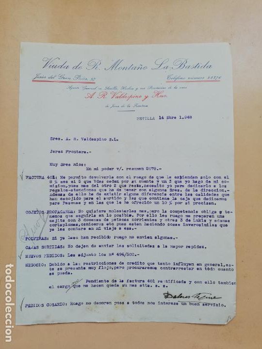 Cartas comerciais: CARTA COMERCIAL. VIUDA DE R. MONTA&Ntilde;O, LA BASTIDA. SEVILLA, 1948.