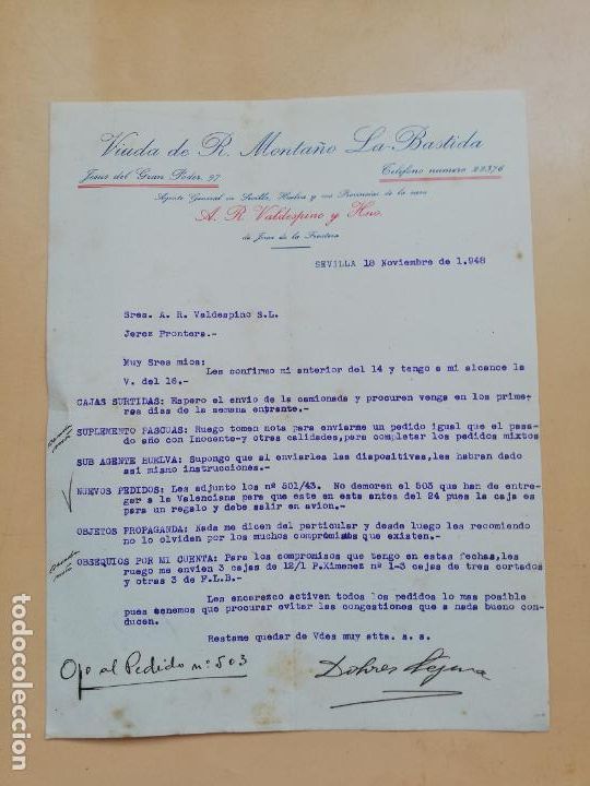 Cartas comerciais: CARTA COMERCIAL. VIUDA DE R. MONTA&Ntilde;O, LA BASTIDA. SEVILLA, 1948.