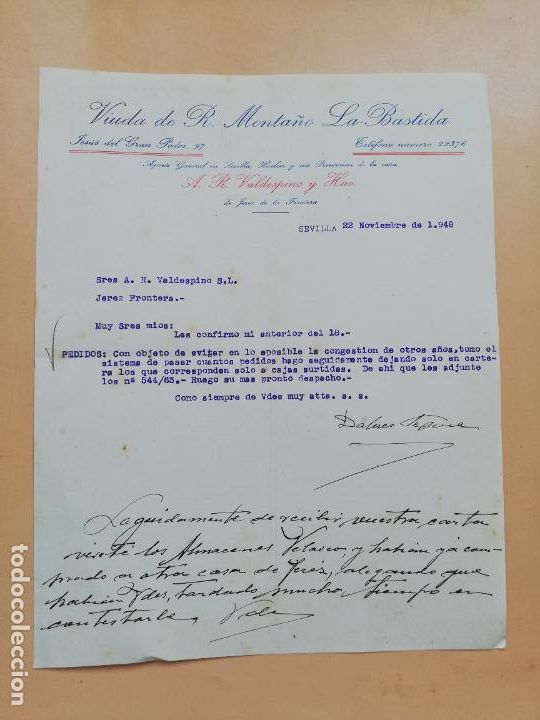 Cartas comerciais: CARTA COMERCIAL. VIUDA DE R. MONTA&Ntilde;O, LA BASTIDA. SEVILLA, 1948.