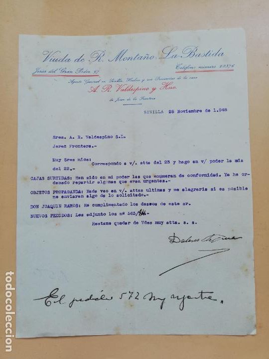 Cartas comerciais: CARTA COMERCIAL. VIUDA DE R. MONTA&Ntilde;O, LA BASTIDA. SEVILLA, 1948.