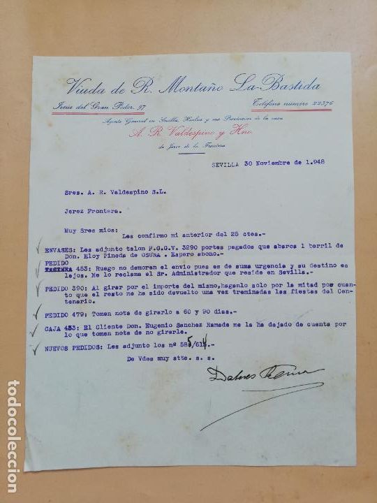 Cartas comerciais: CARTA COMERCIAL. VIUDA DE R. MONTA&Ntilde;O, LA BASTIDA. SEVILLA, 1948.