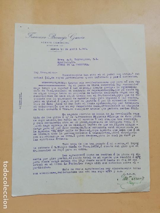 Cartas comerciais: CARTA COMERCIAL. FRANCISCO BERMEJO GARCIA. AGENTE COMERCIAL. MURCIA, 1948.