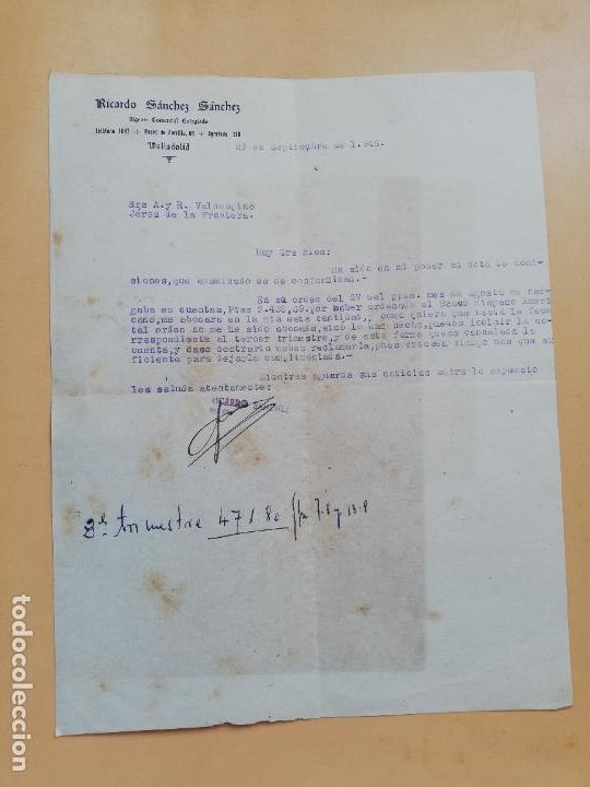 Cartas comerciales: CARTA COMERCIAL. RICARDO SANCHEZ SANCHEZ. AGENTE COMERCIAL COLEGIADO. VALLADOLID. 1948.
