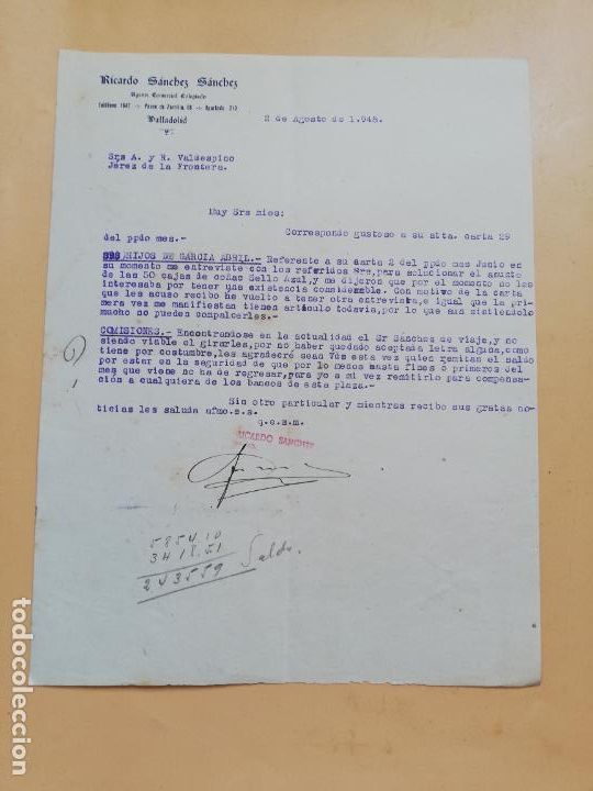 Cartas comerciales: CARTA COMERCIAL. RICARDO SANCHEZ SANCHEZ. AGENTE COMERCIAL COLEGIADO. VALLADOLID. 1948.