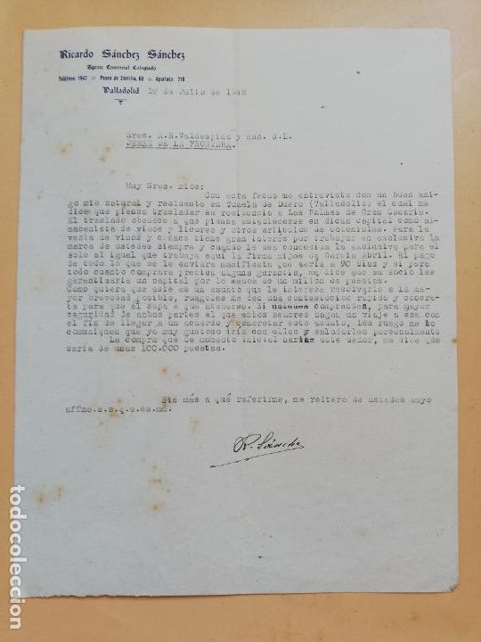 Cartas comerciales: CARTA COMERCIAL. RICARDO SANCHEZ SANCHEZ. AGENTE COMERCIAL COLEGIADO. VALLADOLID. 1948.