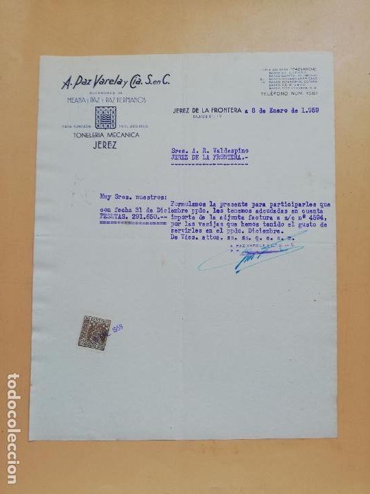 Cartas comerciales: CARTA COMERCIAL. A. PAZ VARELA Y CIA. S. EN C. TONELERIA MECANICA. JEREZ DE LA FRONTERA, 1959.