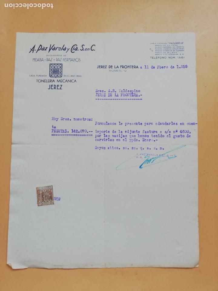Cartas comerciales: CARTA COMERCIAL. A. PAZ VARELA Y CIA. S. EN C. TONELERIA MECANICA. JEREZ DE LA FRONTERA, 1959.