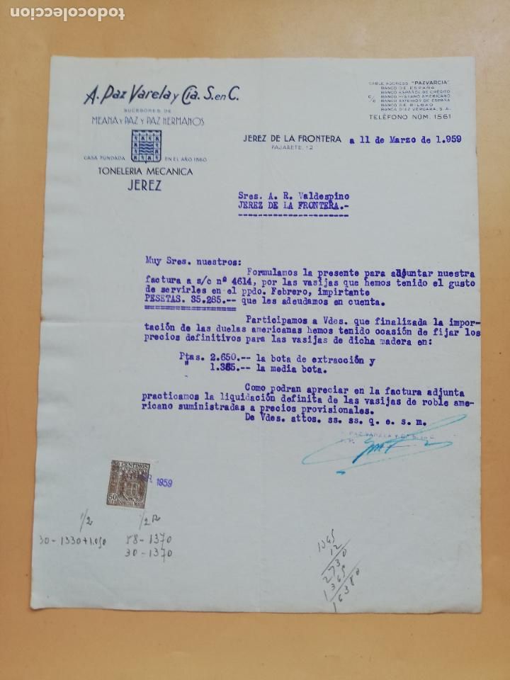 Cartas comerciales: CARTA COMERCIAL. A. PAZ VARELA Y CIA. S. EN C. TONELERIA MECANICA. JEREZ DE LA FRONTERA, 1959.