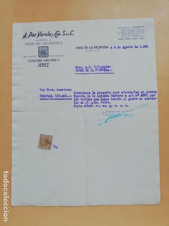 Cartas comerciales: CARTA COMERCIAL. A. PAZ VARELA Y CIA. S. EN C. TONELERIA MECANICA. JEREZ DE LA FRONTERA, 1959.