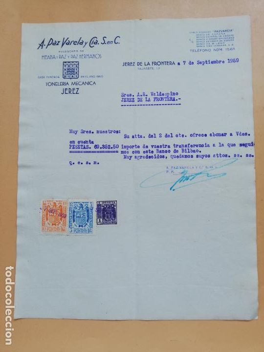 Cartas comerciales: CARTA COMERCIAL. A. PAZ VARELA Y CIA. S. EN C. TONELERIA MECANICA. JEREZ DE LA FRONTERA, 1959.