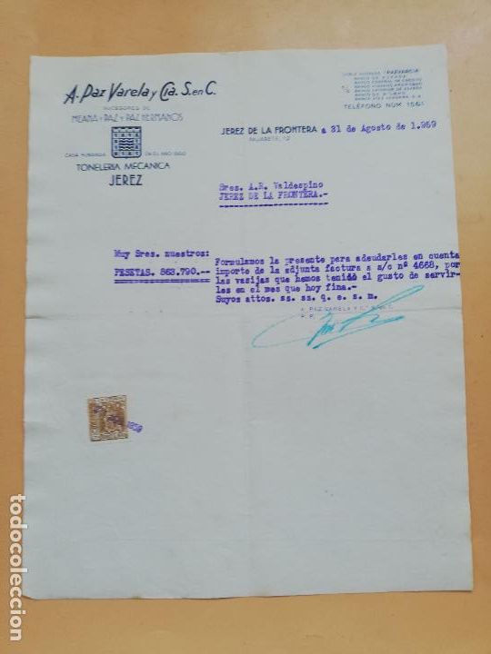 Cartas comerciales: CARTA COMERCIAL. A. PAZ VARELA Y CIA. S. EN C. TONELERIA MECANICA. JEREZ DE LA FRONTERA, 1959.