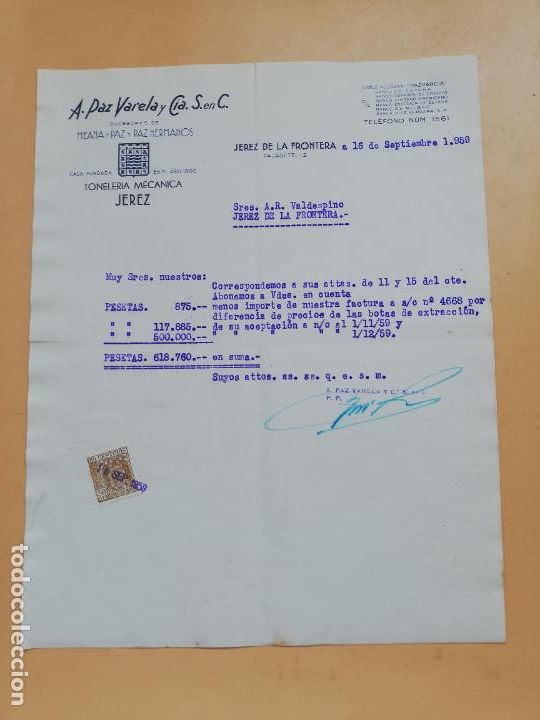 Cartas comerciales: CARTA COMERCIAL. A. PAZ VARELA Y CIA. S. EN C. TONELERIA MECANICA. JEREZ DE LA FRONTERA, 1959.