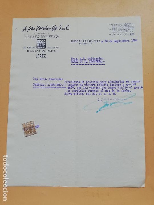 Cartas comerciales: CARTA COMERCIAL. A. PAZ VARELA Y CIA. S. EN C. TONELERIA MECANICA. JEREZ DE LA FRONTERA, 1959.