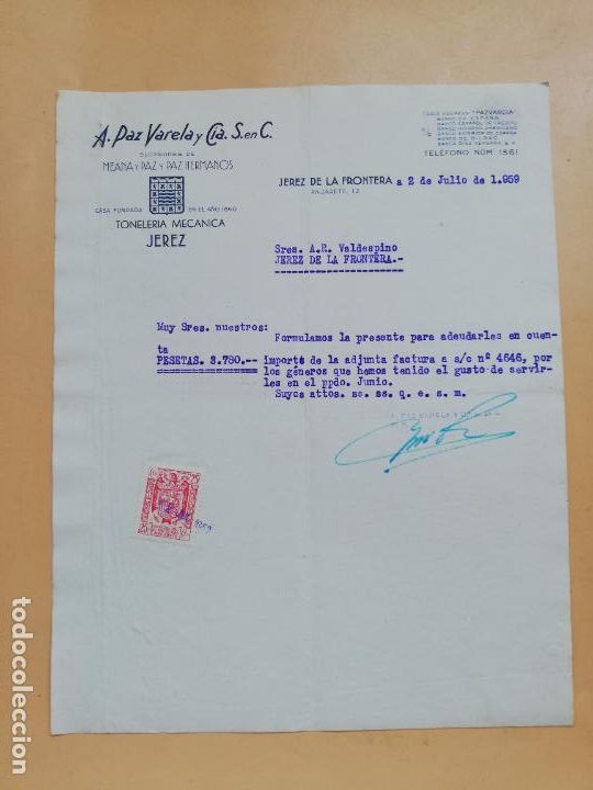 Cartas comerciales: CARTA COMERCIAL. A. PAZ VARELA Y CIA. S. EN C. TONELERIA MECANICA. JEREZ DE LA FRONTERA, 1959.
