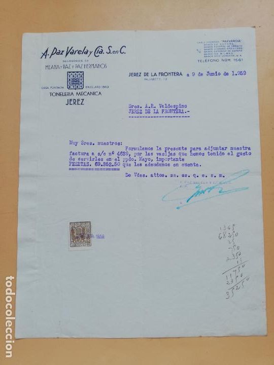 Cartas comerciales: CARTA COMERCIAL. A. PAZ VARELA Y CIA. S. EN C. TONELERIA MECANICA. JEREZ DE LA FRONTERA, 1959.