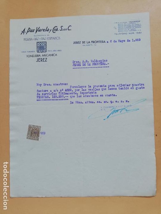 Cartas comerciales: CARTA COMERCIAL. A. PAZ VARELA Y CIA. S. EN C. TONELERIA MECANICA. JEREZ DE LA FRONTERA, 1959.