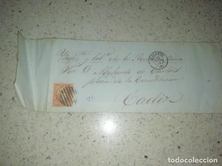 Commercial Letters: Carta envuelta manuscrita 1858 con sello de Isabel II de Alicante a cadiz
